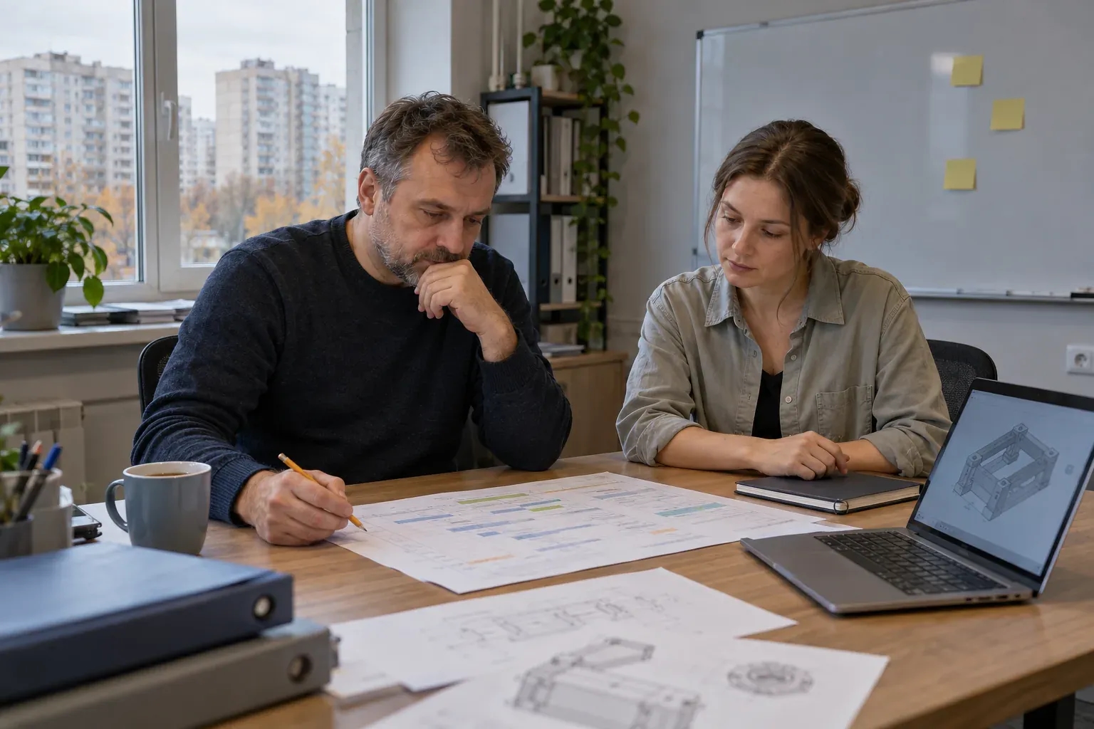 ИТ-руководитель и инженер-проектировщик в переговорной разбирают распечатанный план перехода, рядом ноутбук с чертежом