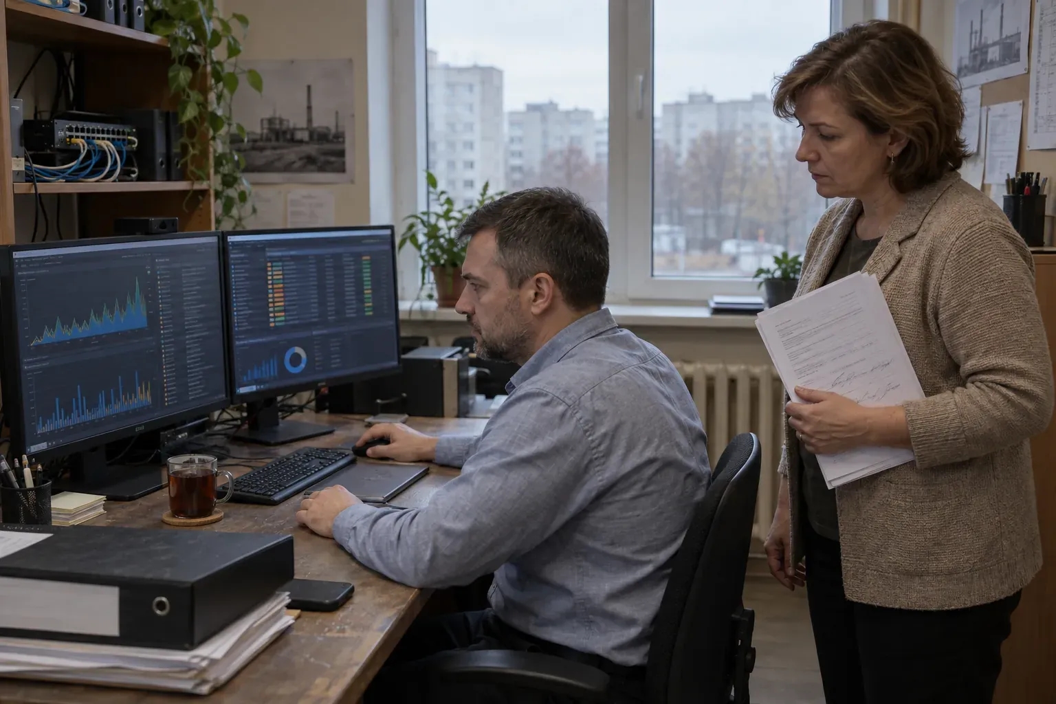 Специалист по информационной безопасности смотрит отчёты системы контроля, рядом сотрудница отдела кадров держит приказ с листом ознакомления